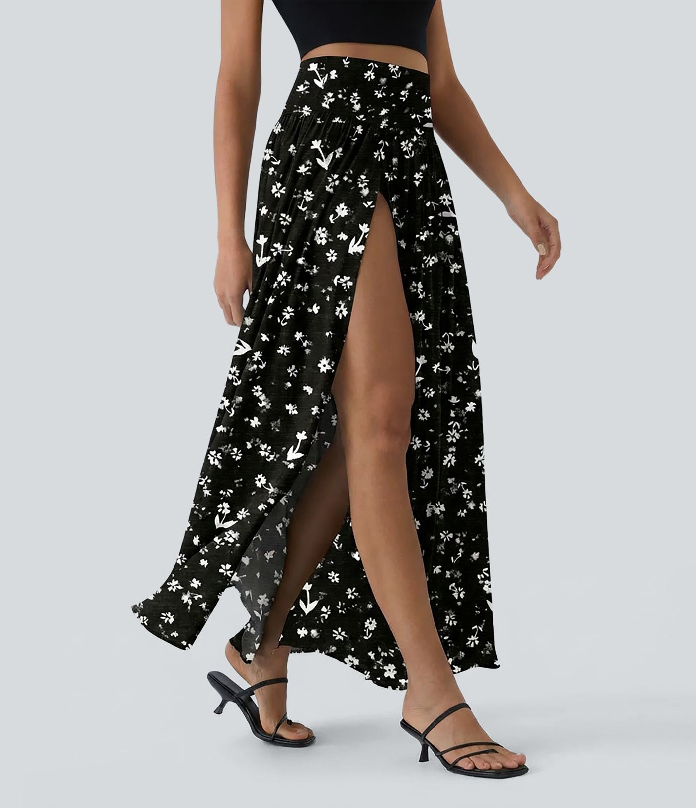 High Waisted 2-in-1 Ditsy Floral Flowy Maxi Skirt