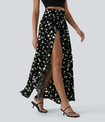 High Waisted 2-in-1 Ditsy Floral Flowy Maxi Skirt