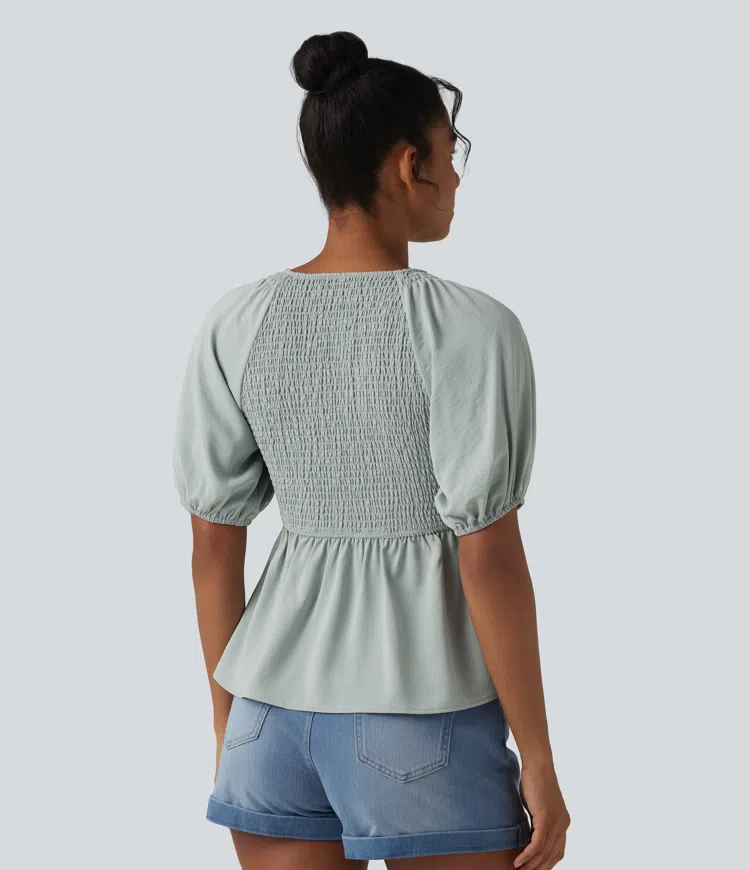 Sky Gray V Neck Puff Short Sleeve Shirred Casual Blouse / 2