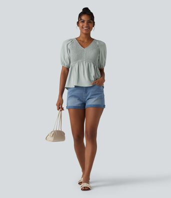 Blouse décontractée col V manches courtes bouffantes avec fronces