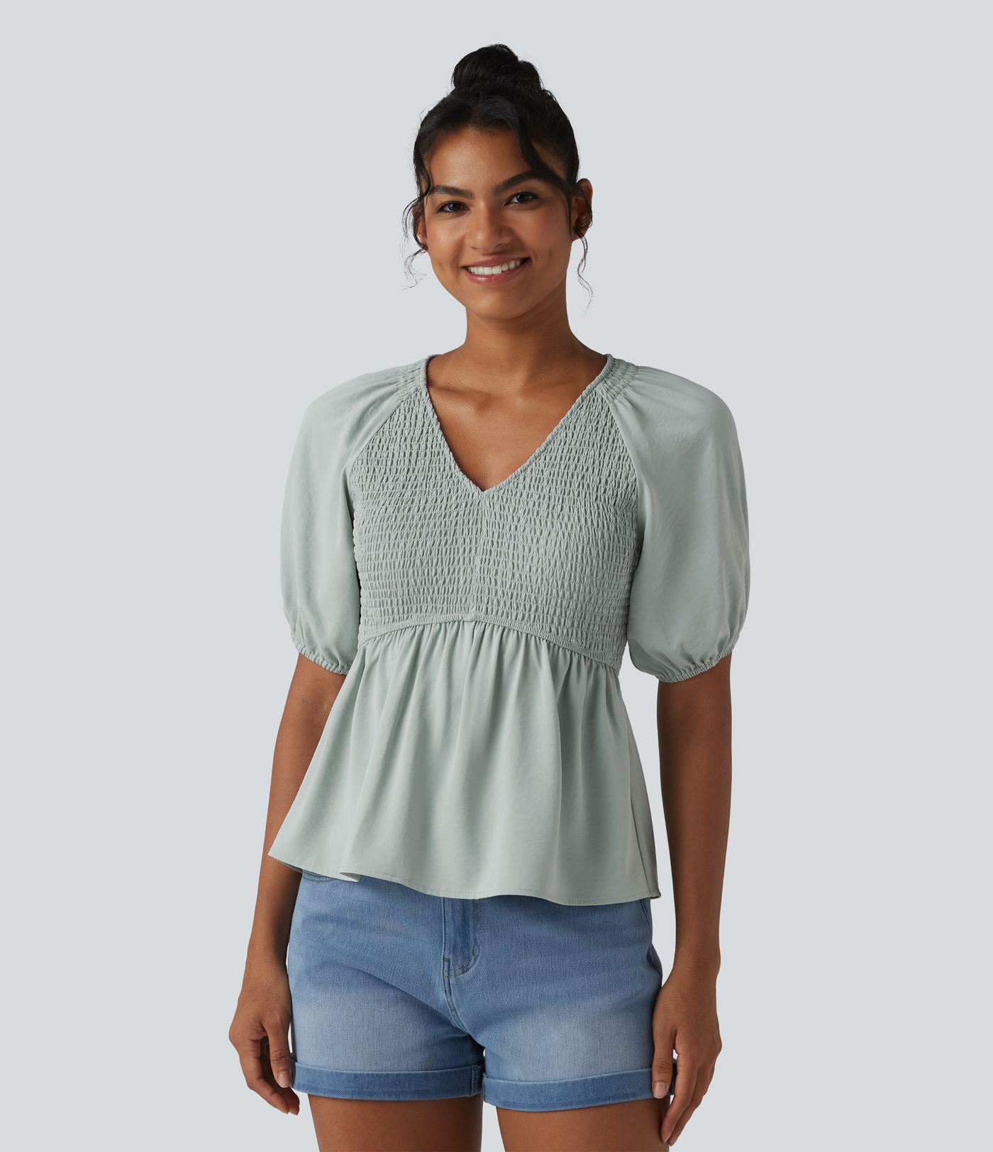 Blouse décontractée col V manches courtes bouffantes avec fronces