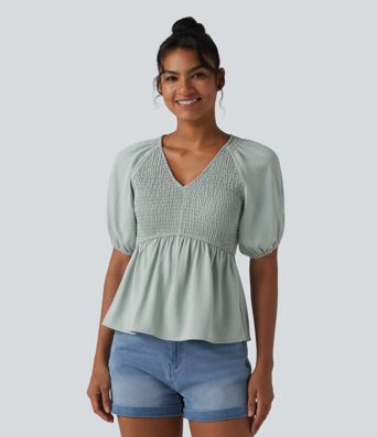 Blouse décontractée col V manches courtes bouffantes avec fronces