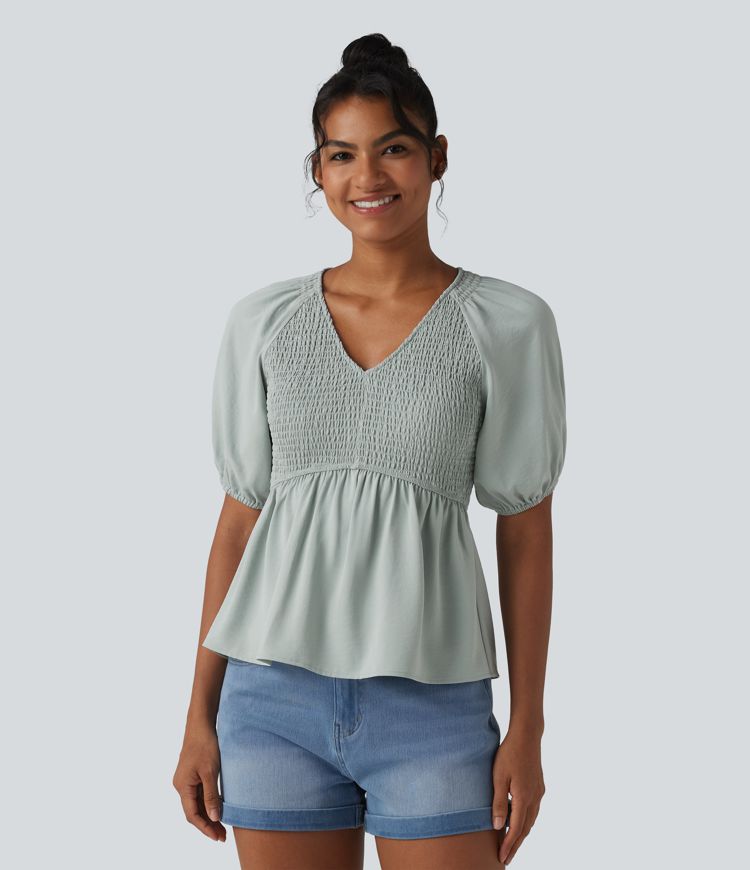 Blouse décontractée col V manches courtes bouffantes avec fronces