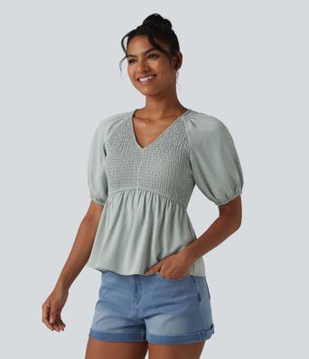 Blouse décontractée col V manches courtes bouffantes avec fronces