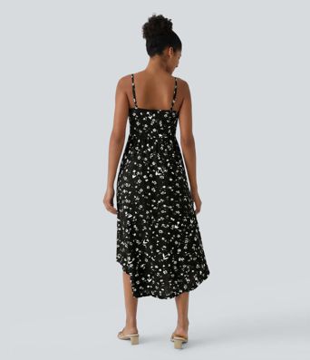 High Low 2-Piece Ditsy Floral Flowy Midi Dress with Pocket