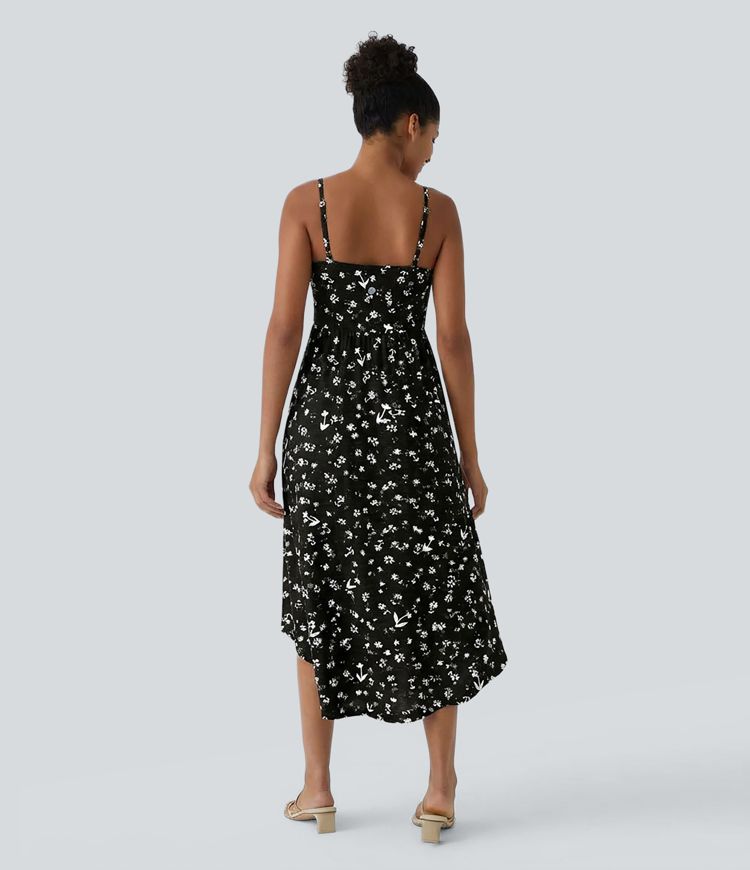 High Low 2-Piece Ditsy Floral Flowy Midi Dress with Pocket