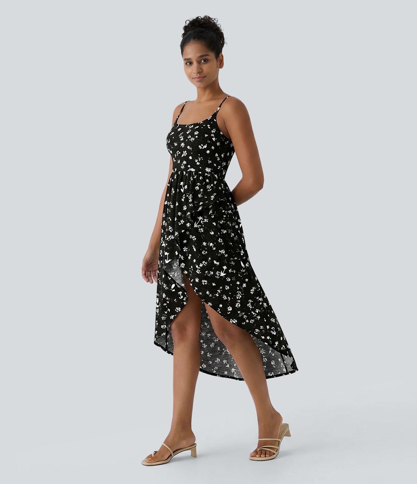 High Low 2-Piece Ditsy Floral Flowy Midi Dress with Pocket