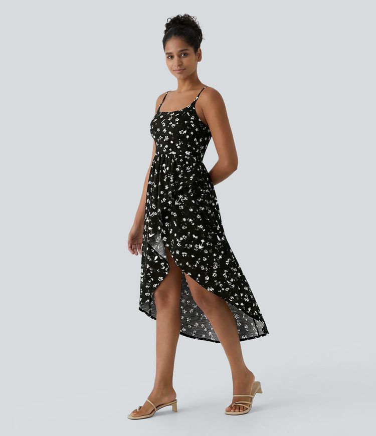 High Low 2-Piece Ditsy Floral Flowy Midi Dress with Pocket