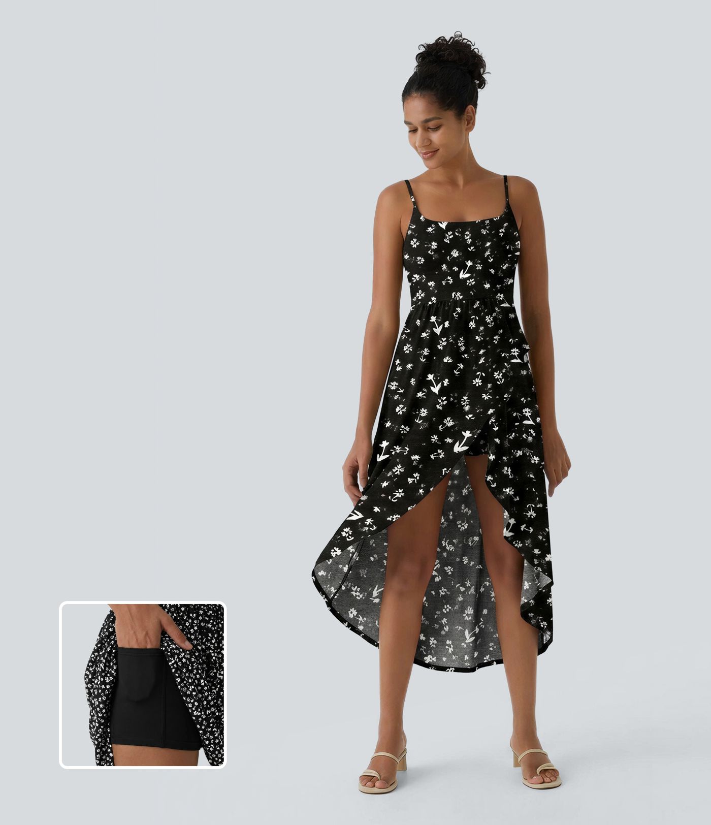 High Low 2-Piece Ditsy Floral Flowy Midi Dress with Pocket