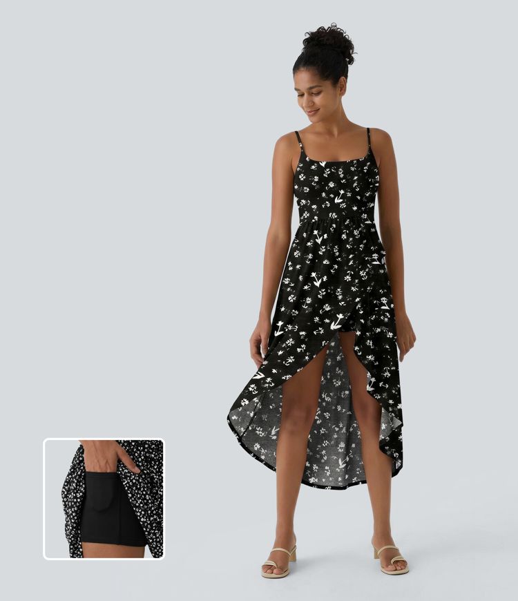 High Low 2-Piece Ditsy Floral Flowy Midi Dress with Pocket