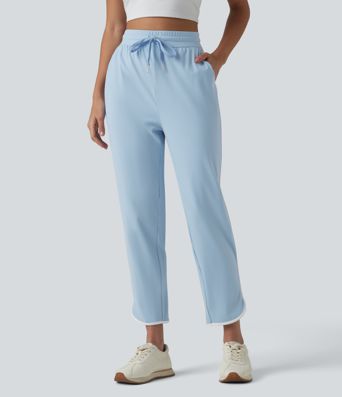 SoftlyZero™ Pantaloni conici de yoga, talie înaltă, aerisți, cu cordon, bandă contrastantă, tiv curbat, senzație răcoroasă, cu buzunare — UPF50+