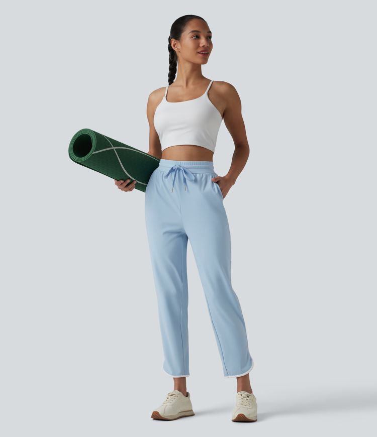 SoftlyZero™ Pantaloni conici de yoga, talie înaltă, aerisți, cu cordon, bandă contrastantă, tiv curbat, senzație răcoroasă, cu buzunare — UPF50+