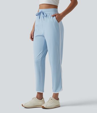 SoftlyZero™ Pantaloni conici de yoga, talie înaltă, aerisți, cu cordon, bandă contrastantă, tiv curbat, senzație răcoroasă, cu buzunare — UPF50+