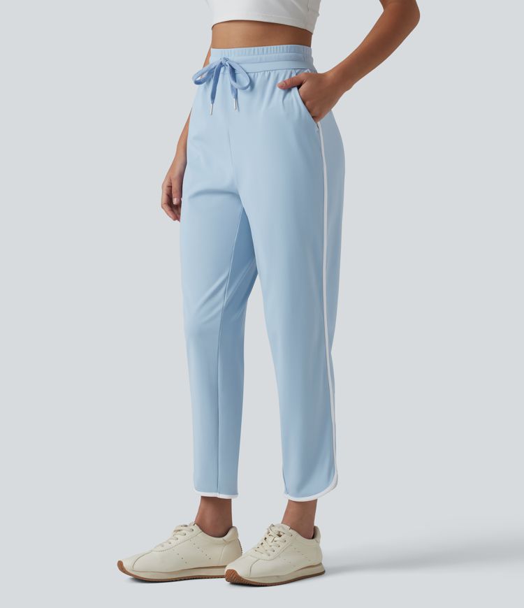 SoftlyZero™ Pantaloni conici de yoga, talie înaltă, aerisți, cu cordon, bandă contrastantă, tiv curbat, senzație răcoroasă, cu buzunare — UPF50+