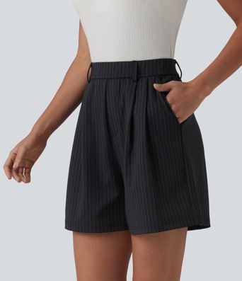 Plissierte Büro-Shorts mit hohem Bund, Seitentaschen und Streifen