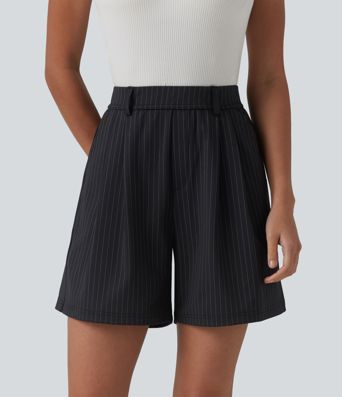 Plissierte Büro-Shorts mit hohem Bund, Seitentaschen und Streifen