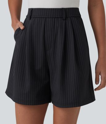 Plissierte Büro-Shorts mit hohem Bund, Seitentaschen und Streifen
