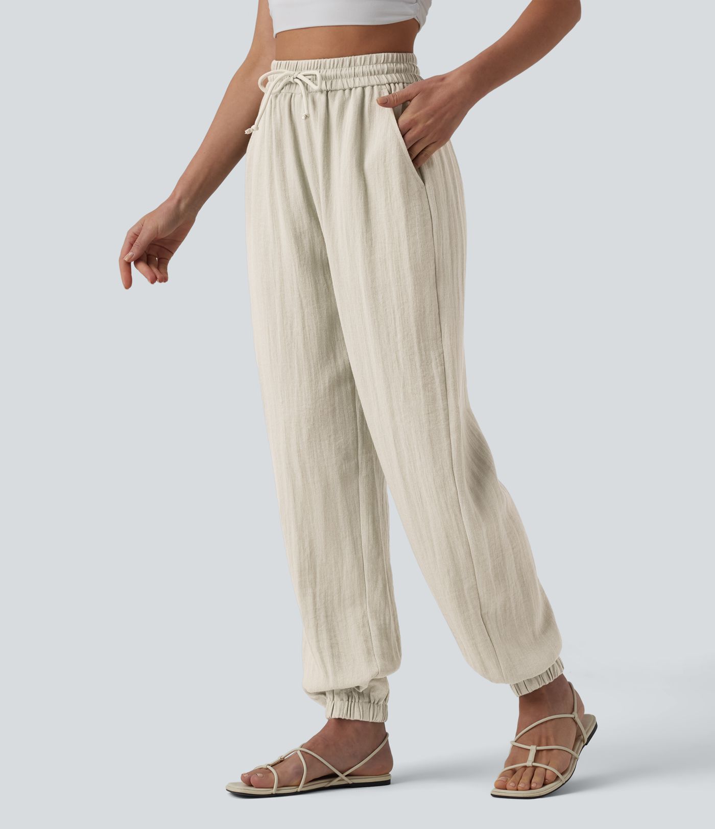 High Waisted Drawstring Wide Leg Casual Linen-Feel Joggers with Pockets