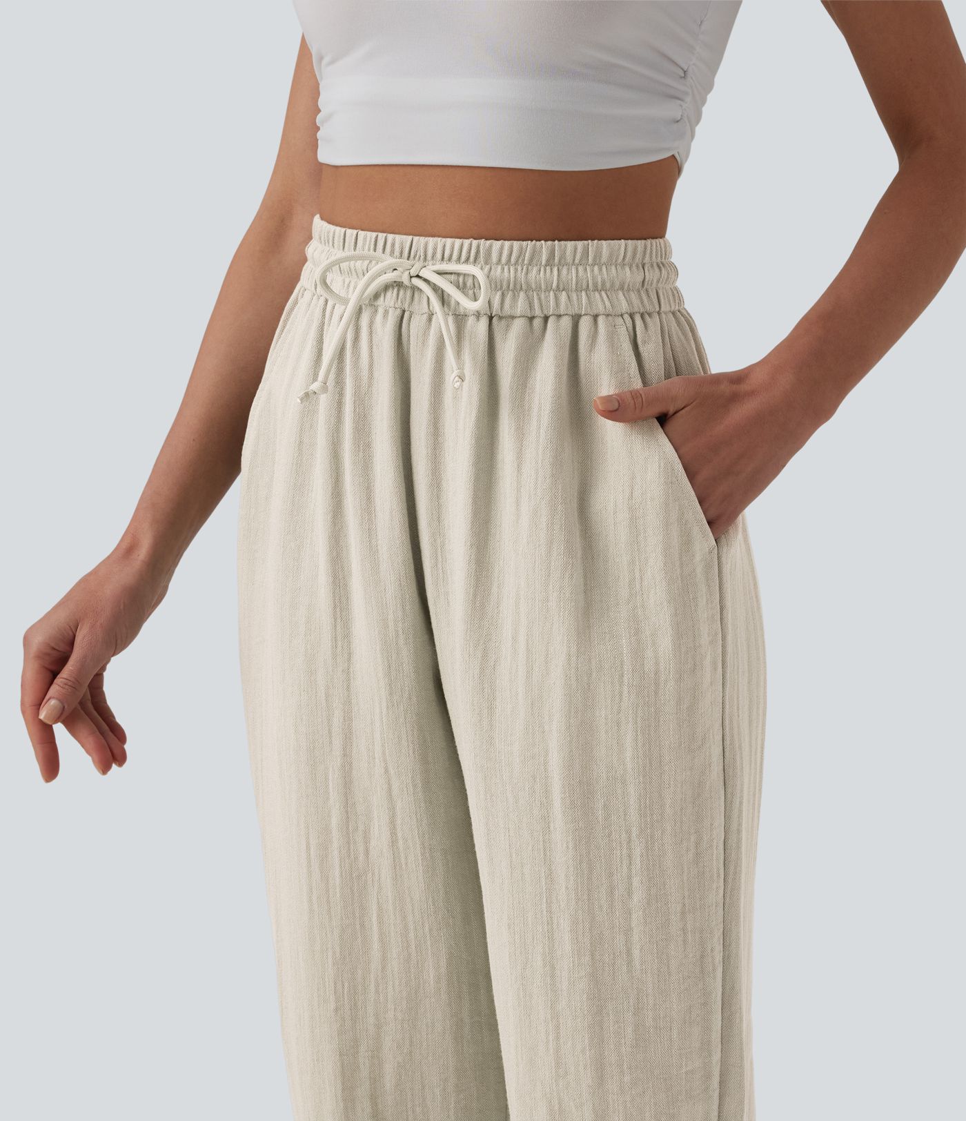 High Waisted Drawstring Wide Leg Casual Linen-Feel Joggers with Pockets