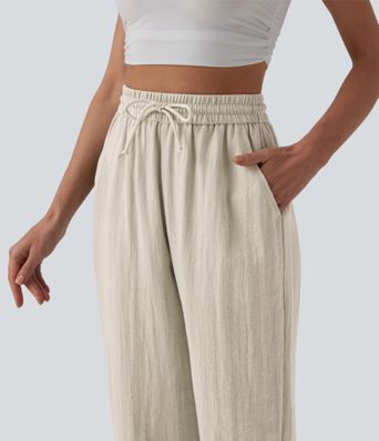 High Waisted Drawstring Wide Leg Casual Linen-Feel Joggers with Pockets