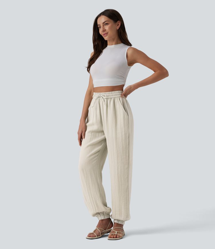 High Waisted Drawstring Wide Leg Casual Linen-Feel Joggers with Pockets