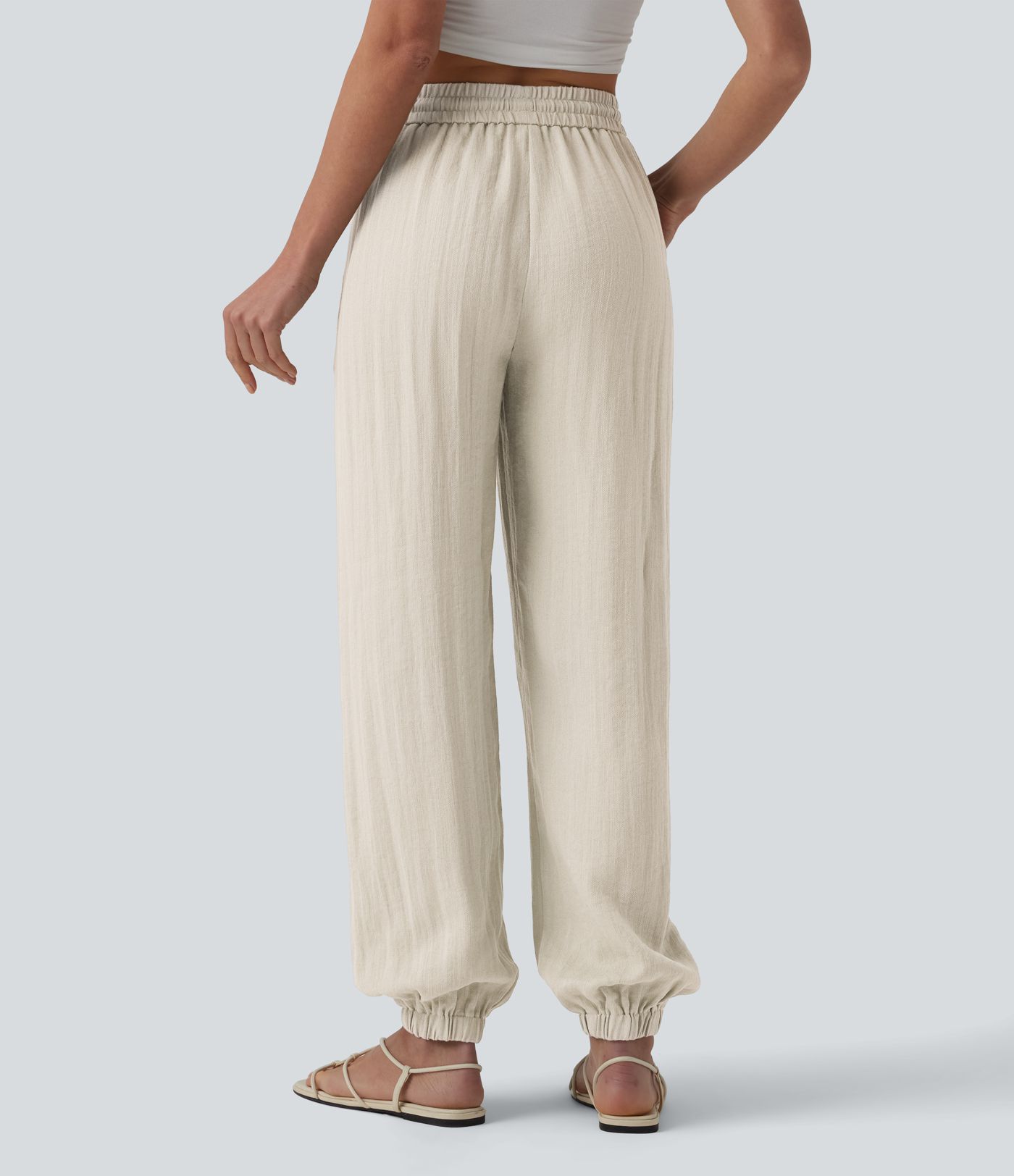 High Waisted Drawstring Wide Leg Casual Linen-Feel Joggers with Pockets