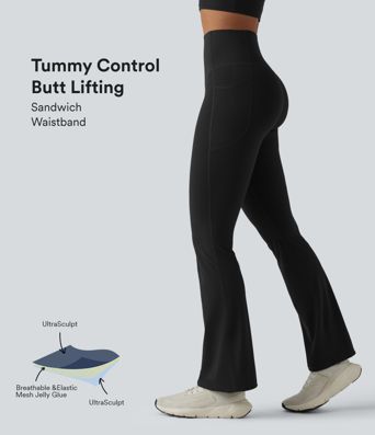Leggings de yoga de cintura alta Halara UltraSculpt™ con control efectivo de glúteos y abdominales, corte de bota corto y bolsillos.