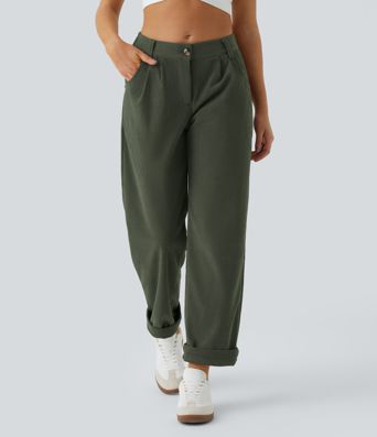 Pantalon en velours côtelé décontracté taille moyenne avec poches latérales