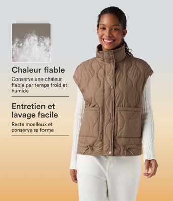 Durable, water-repellent, casual quilted vest made of synthetic down with a stand-up collar, drawstring hem, and pockets