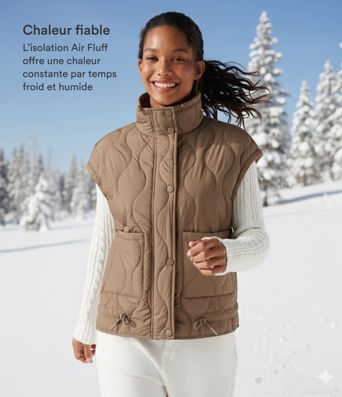 Durable, water-repellent, casual quilted vest made of synthetic down with a stand-up collar, drawstring hem, and pockets
