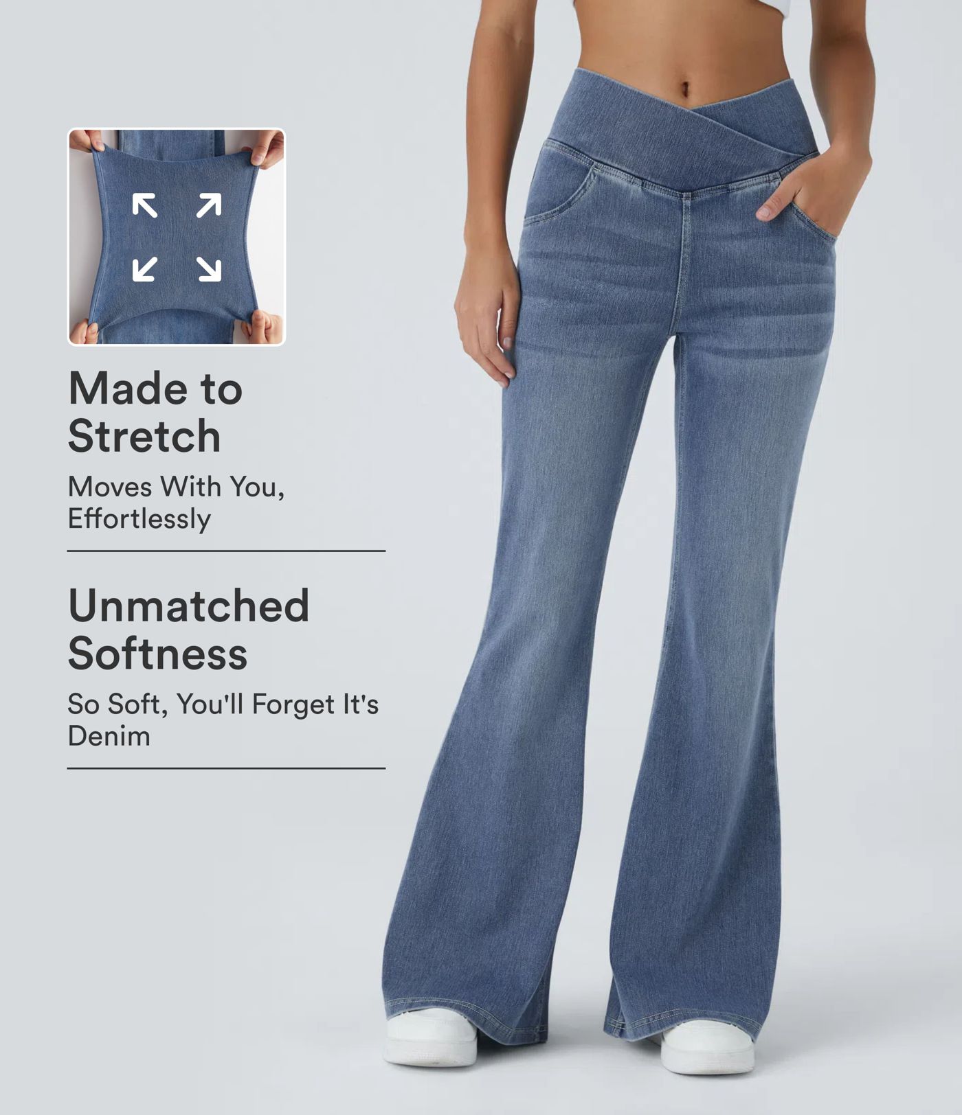 Halara Flex™ High Waisted Crossover Pocket Washed Casual Flare Jeans