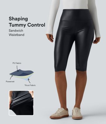 Casual high-waisted stretch cropped leggings in faux leather with pockets, designed to flatten the tummy and provide a flattering fit.