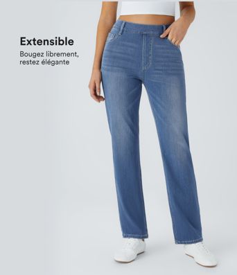 Jean droit Halara Flex™ à taille haute, poches multiples, effet délavé et tissu extensible