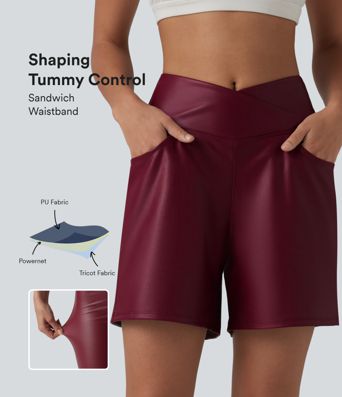 Crossover High Waisted Tummy Control Stretchy PU Casual Shorts with Pockets
