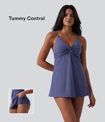 V Neck Built-in Bra Tummy Control One-Piece Metallic Swimsuit with Pockets