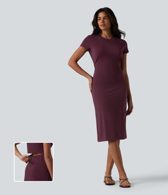 Round Neck Short Sleeve Cut Out Midi Casual Dress