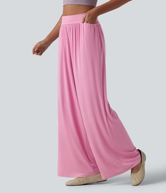 Ribbed High Waisted Tummy Control Casual Baggy Pants with Pockets