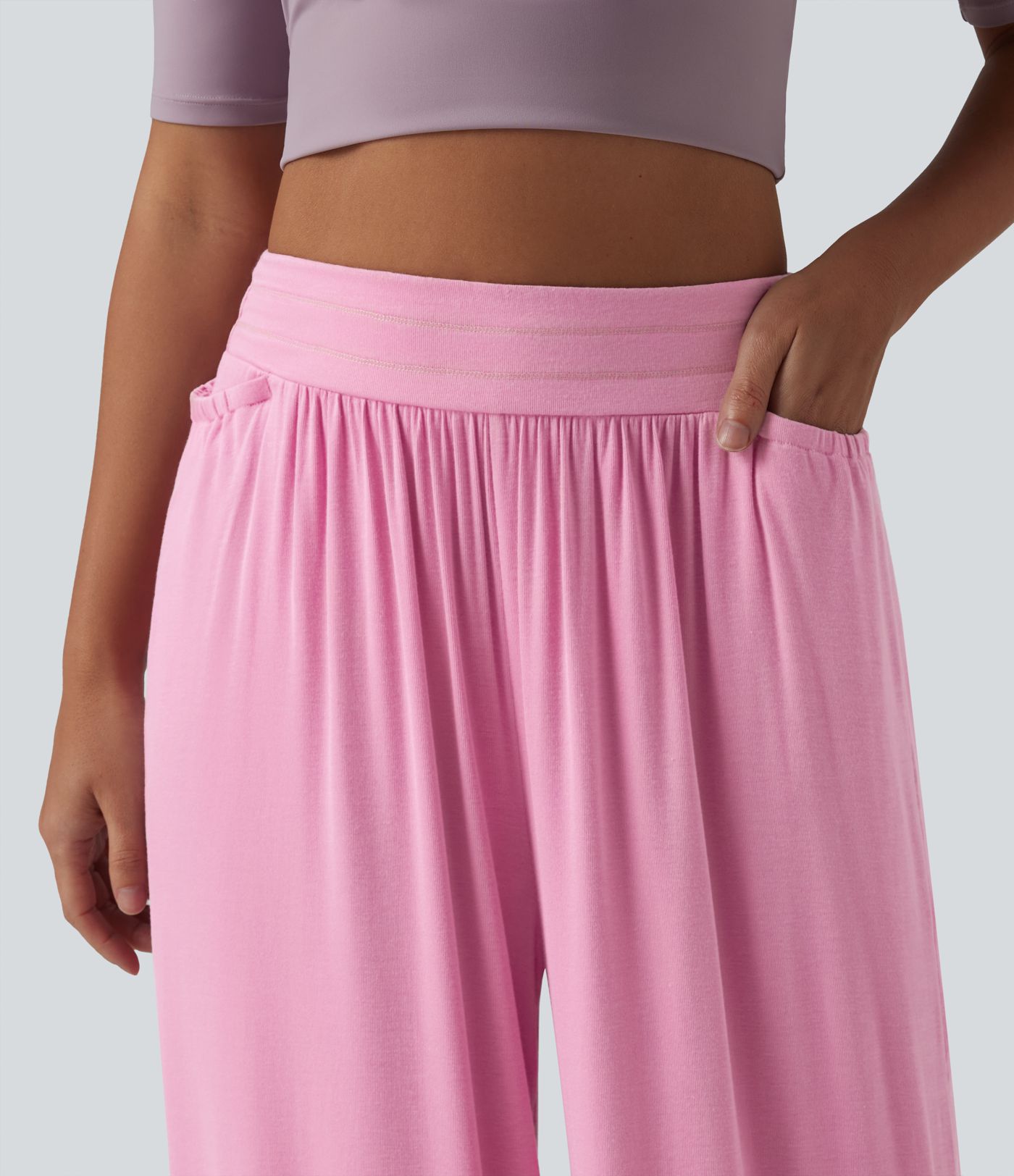 Ribbed High Waisted Tummy Control Casual Baggy Pants with Pockets