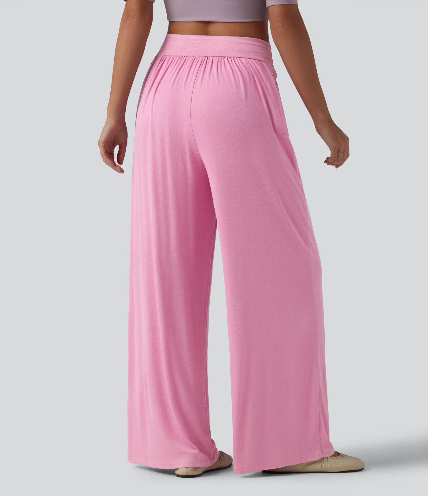 Ribbed High Waisted Tummy Control Casual Baggy Pants with Pockets