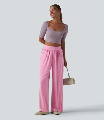 Ribbed High Waisted Tummy Control Casual Baggy Pants with Pockets
