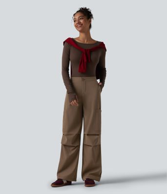 Pantalon parachute large fluide décontracté en polaire taille haute avec poches