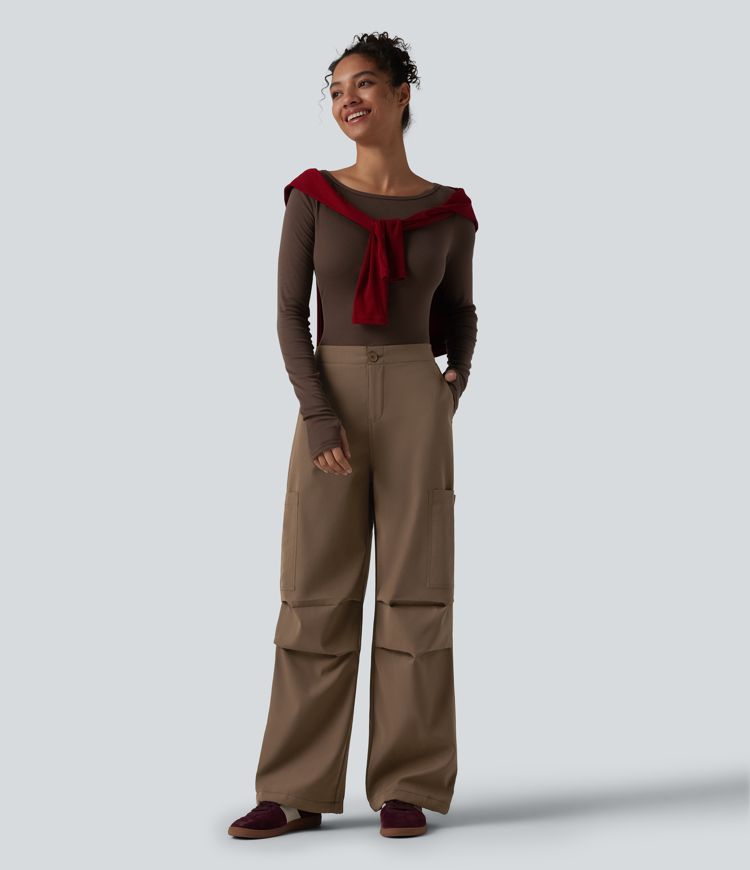 Pantalon parachute large fluide décontracté en polaire taille haute avec poches