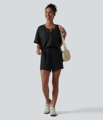 Henley Short Sleeve Casual Romper with Pockets-Easy Peezy