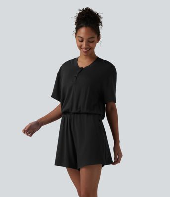 Henley Short Sleeve Casual Romper with Pockets-Easy Peezy