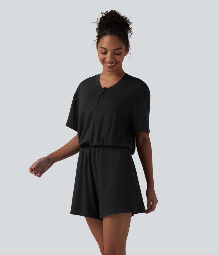Henley Short Sleeve Casual Romper with Pockets-Easy Peezy