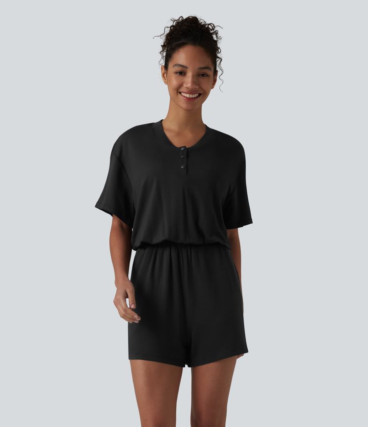 Henley Short Sleeve Casual Romper with Pockets-Easy Peezy