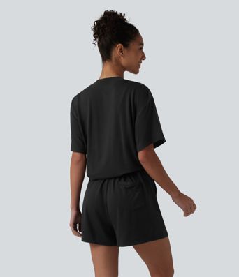 Henley Short Sleeve Casual Romper with Pockets-Easy Peezy