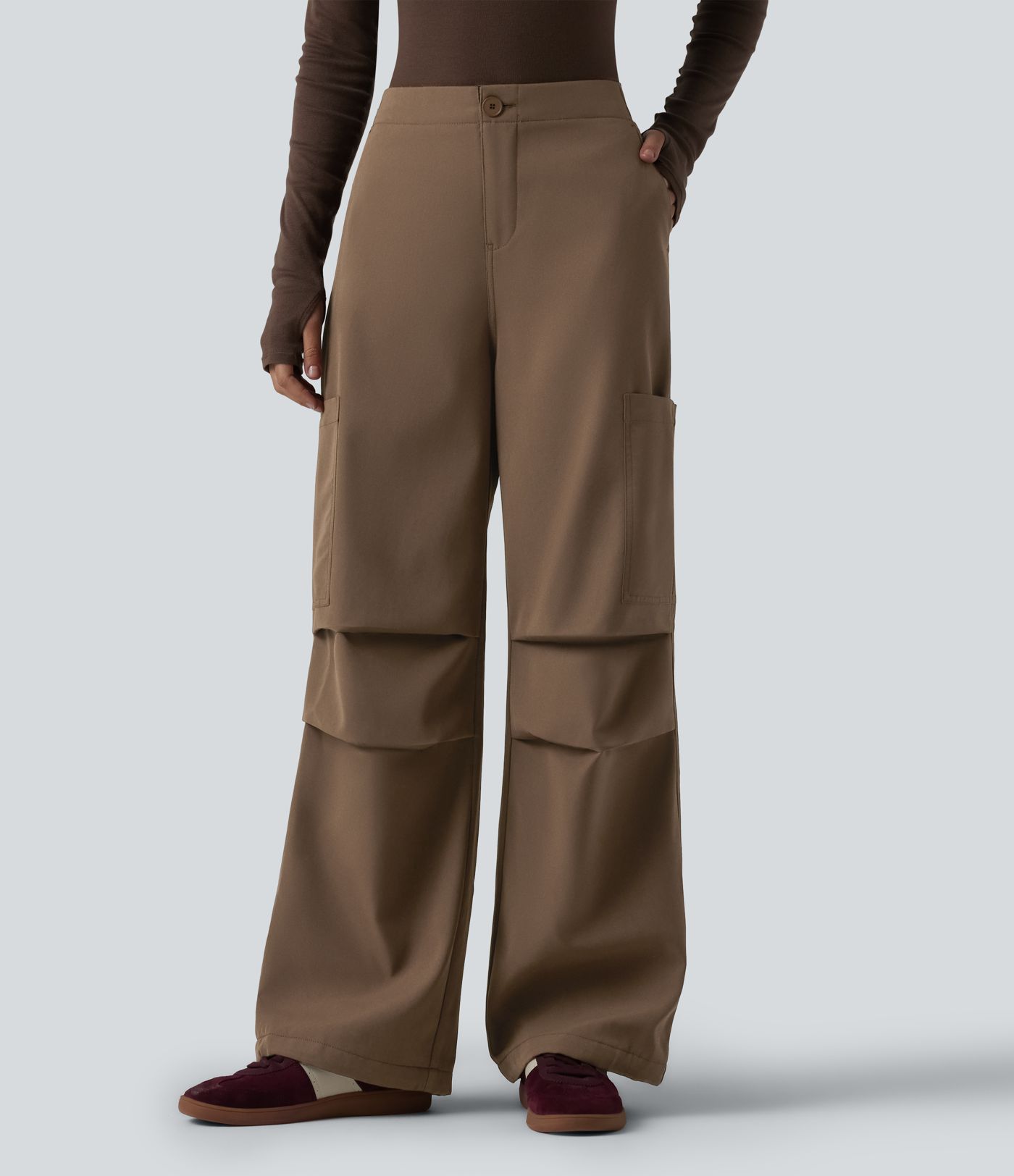 High Waisted Wide Leg Fleece Casual Parachute Pants with Pockets