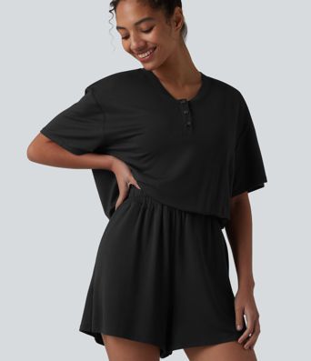 Henley Short Sleeve Casual Romper with Pockets-Easy Peezy
