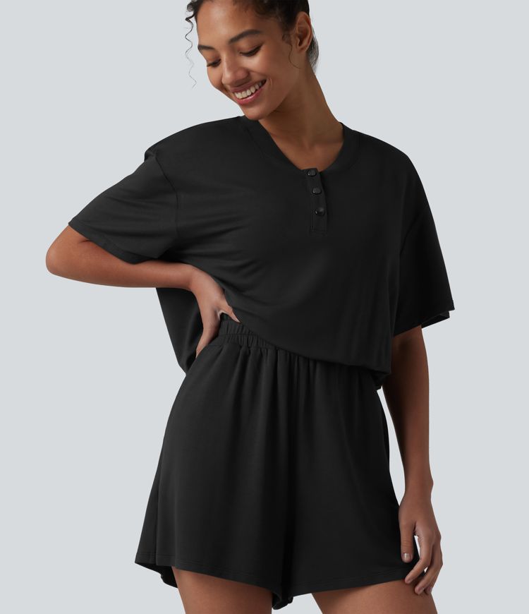 Henley Short Sleeve Casual Romper with Pockets-Easy Peezy